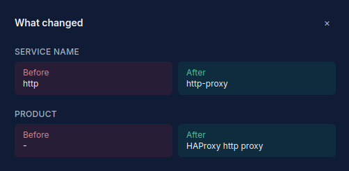 Example SurfaceDiff finding: a service fingerprint change showing what was running before and after, side by side